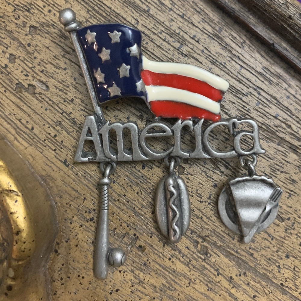Patriotic Flag America Apple Pie Hot Dogs Baseball Brooch Maga Jewelry